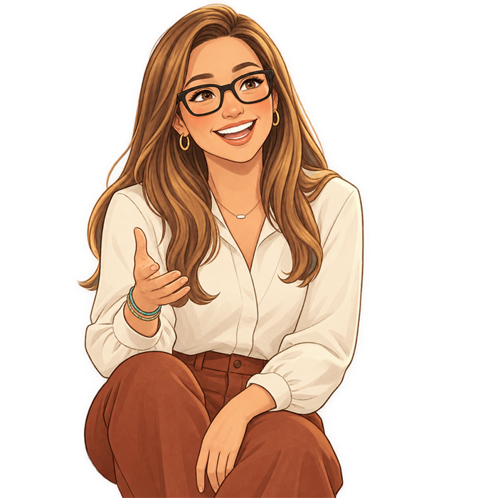 Illustration of Linda, mid-explanation, gesturing warmly